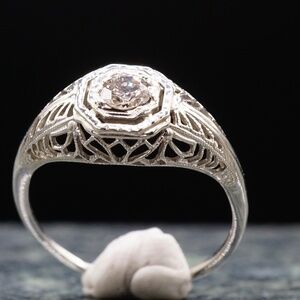.30 Old European Cut Diamond 18k White Gold Filigree Art Deco Engagement Ring